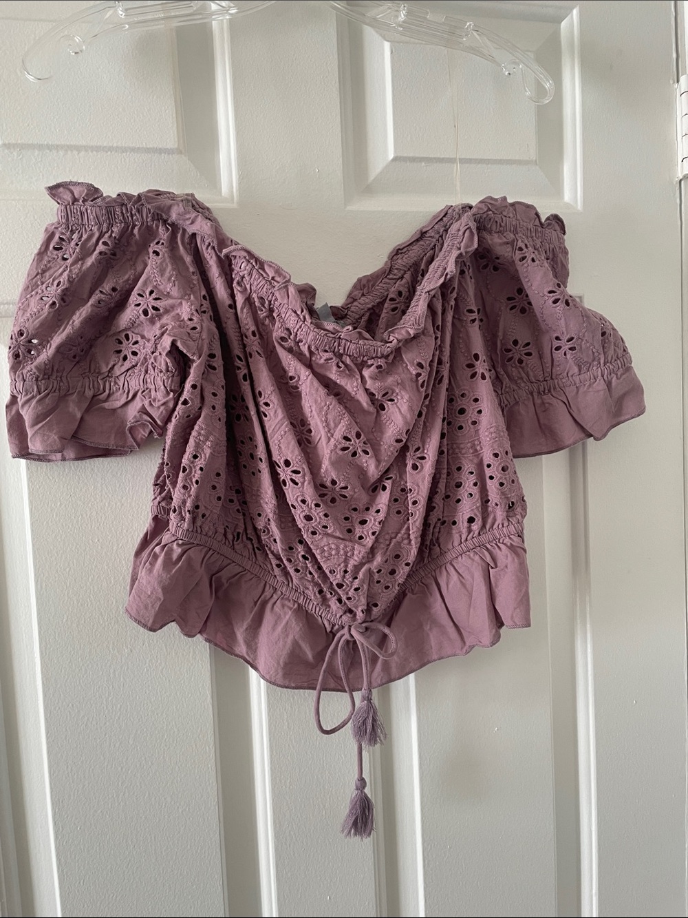 Charlotte Russe Mauve Off-Shoulder Eyelet Top